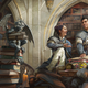 The cover art for the latest Dungeons & Dragons adventure book, Strixhaven: A Curriculum of Chaos features a gargoyle, two people, and an Owlin in a library.